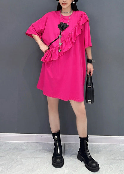 New Rose O-neck Ruffled Patchwork Tops Short Sleeve
