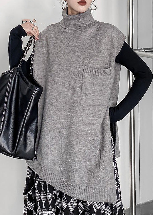 Grey Turtleneck Asymmetrical Thick Knit Waistcoat Spring