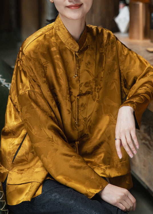 Yellow Mandarin Collar Button Asymmetrical Design Jacquard Silk Top Long Sleeve