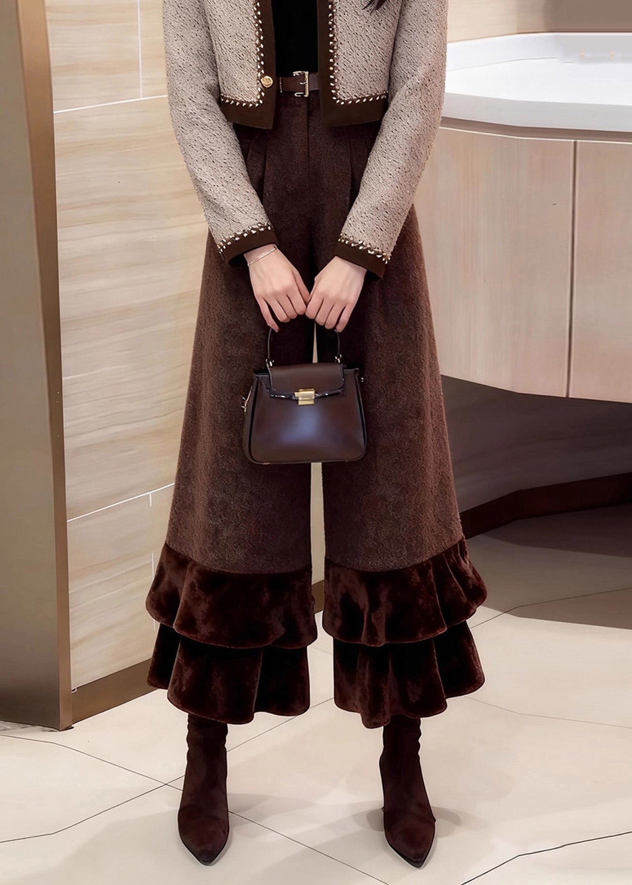Coffee Ruffled Patchwork High Waist Woolen Crop Pants Winter