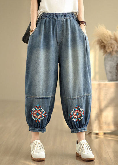 Loose Blue Embroidered Pockets Denim Crop Pants Summer