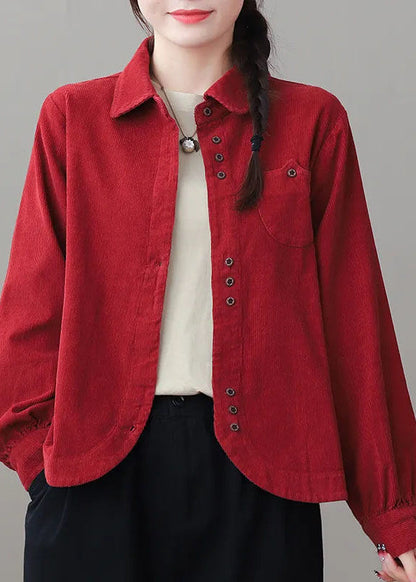 White Peter Pan Collar Button Corduroy Coats Long Sleeve