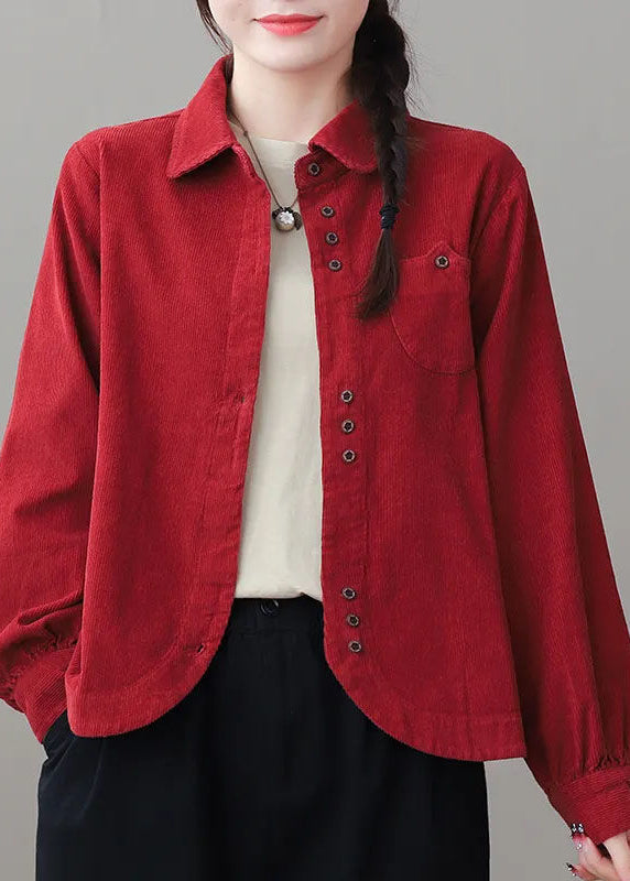 White Peter Pan Collar Button Corduroy Coats Long Sleeve