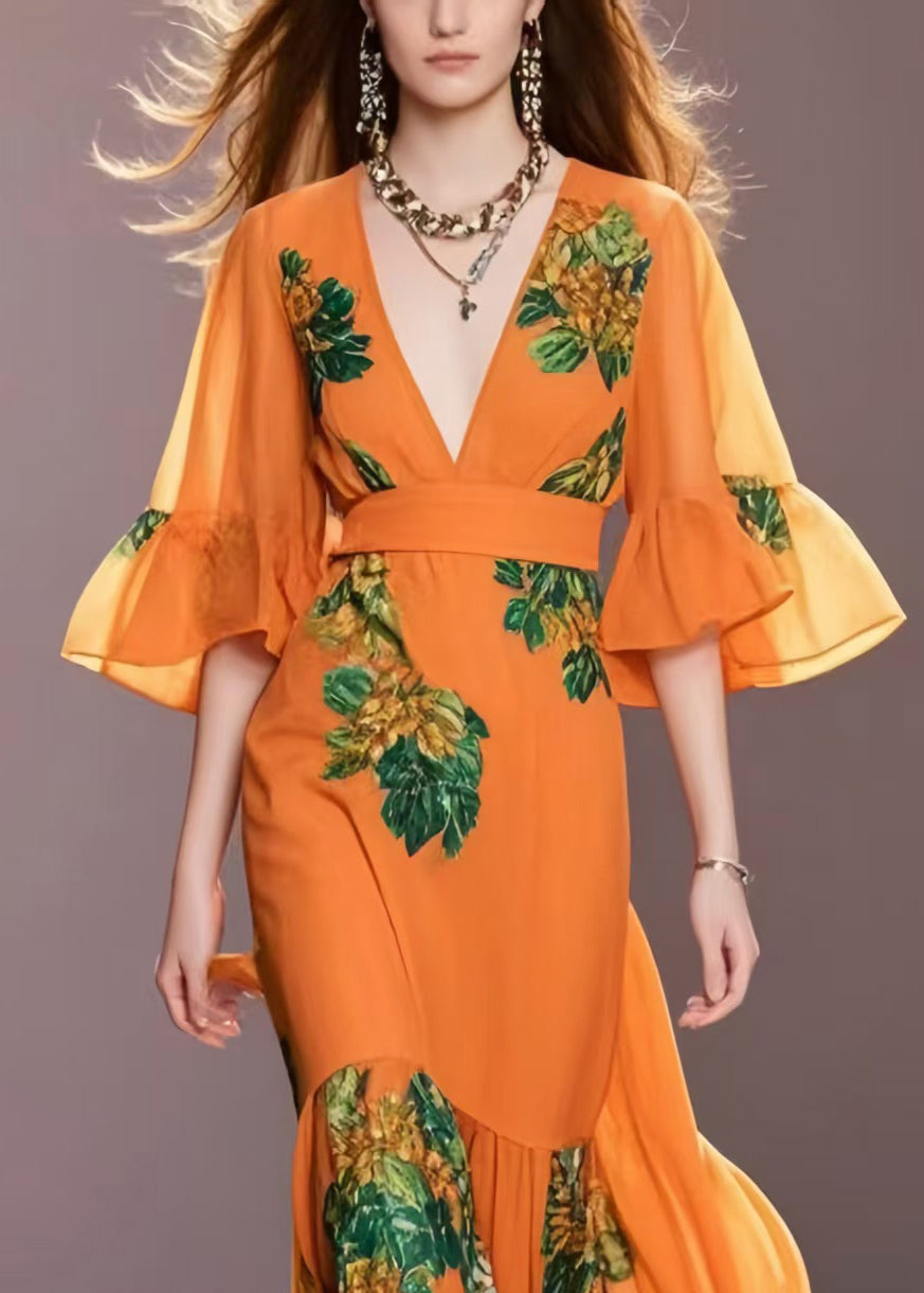 Boutique Orange Print Chiffon Robe Dresses Flare Sleeve Summer