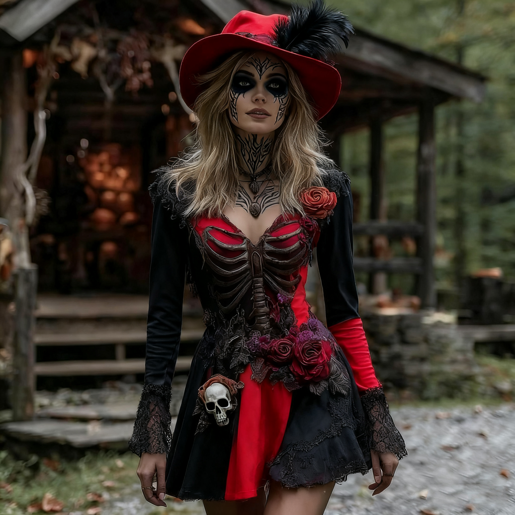 Comstylish Halloween Rose Skeleton Witch Cosplay Midi Dress