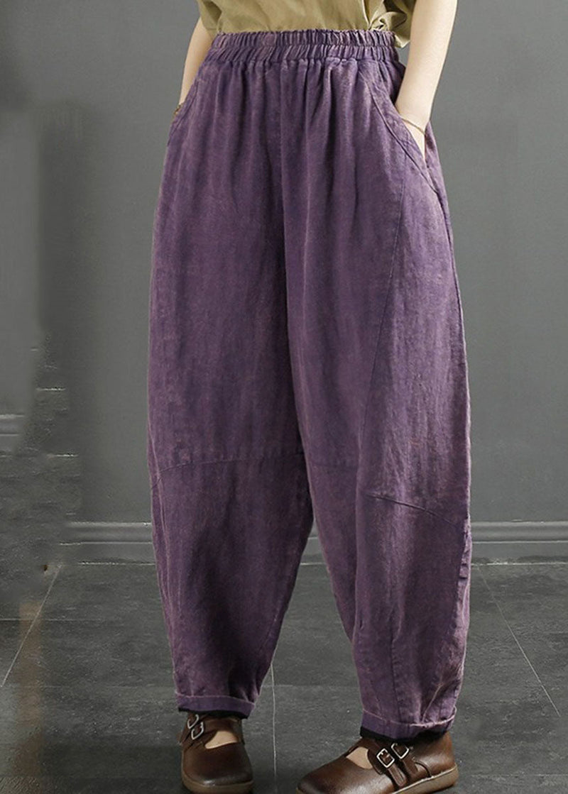 Natural Purple Pockets Patchwork Lastic Waist Linen Lantern Pants Fall