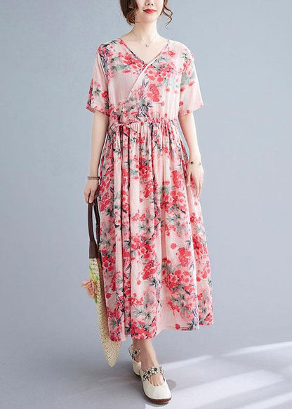 Pink Loose V Necktie Waist Summer Short Sleeve Dresses