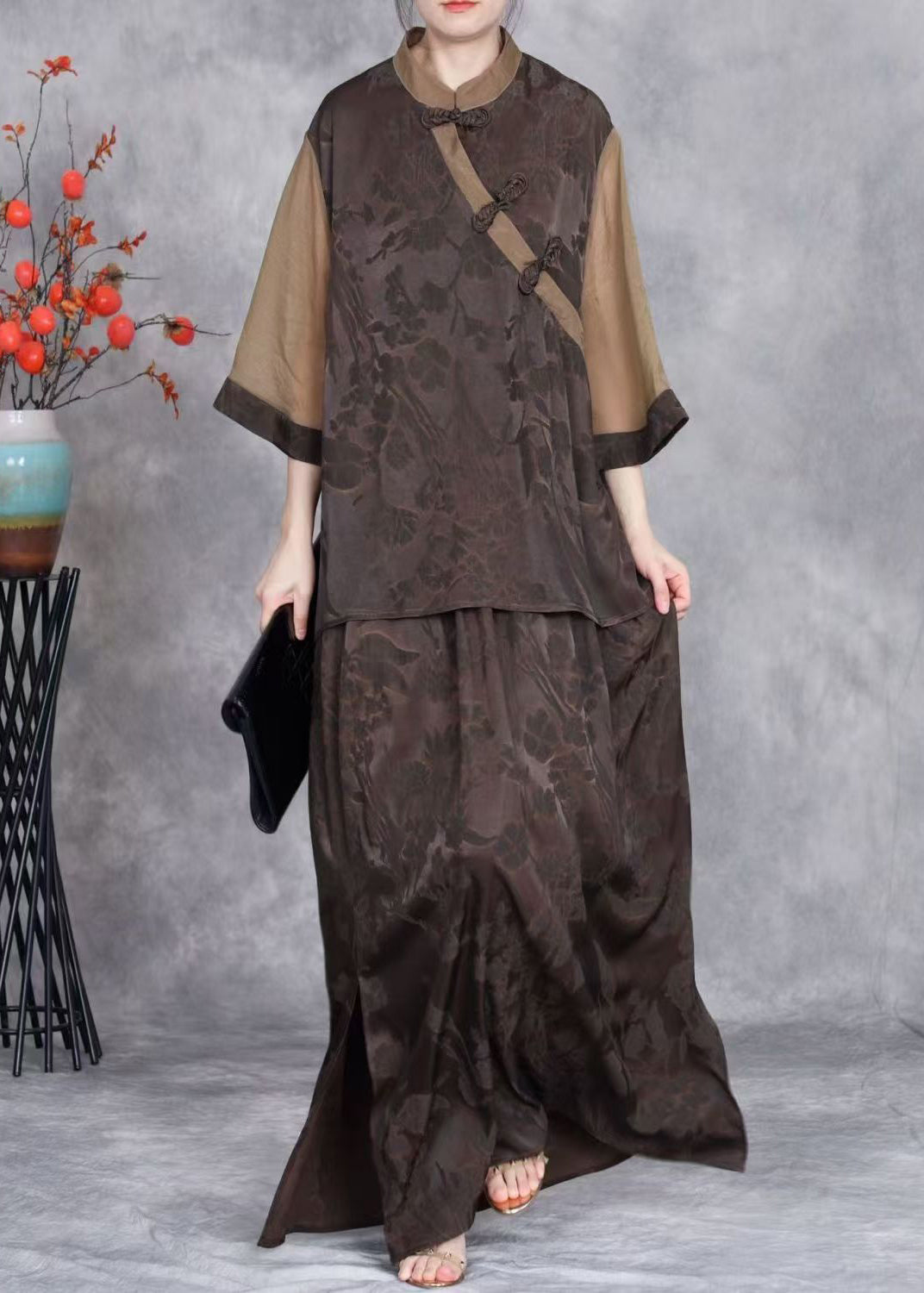 French Coffee Chinese Button Tops and Skirts Silk Two Pieces Set Summer
