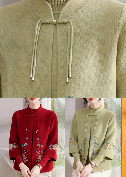 Art Green Stand Collar Cotton Knit Coats and Sweater Two Pieces Set Fall