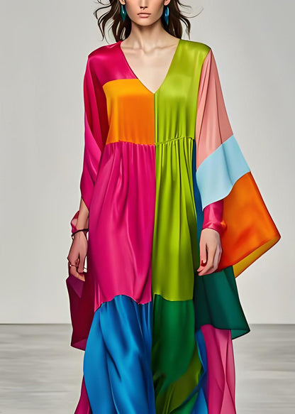 Colorblock V Neck Patchwork Silk Long Dress Summer