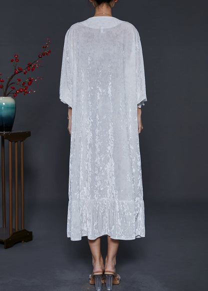French White V Neck Ruffles Silk Velour Long Dress Fall