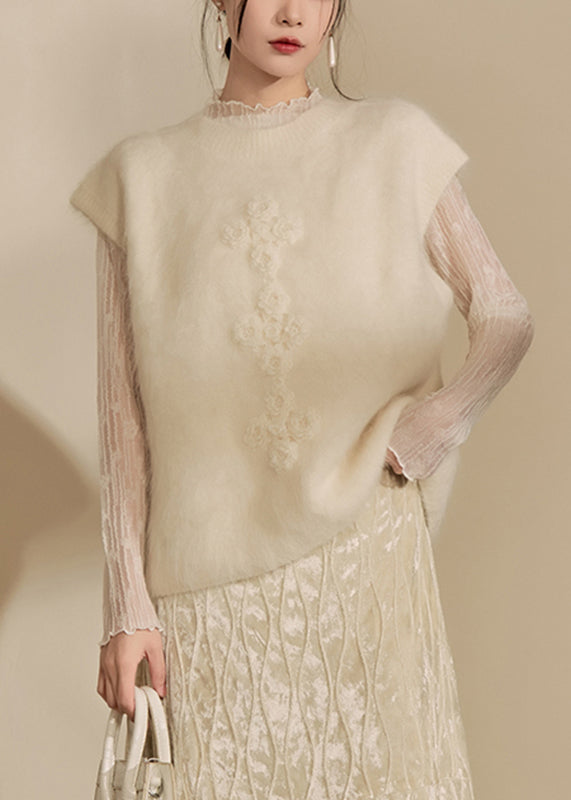 Simple Beige O-neck Cozy Cotton Knit Waistcoat Winter