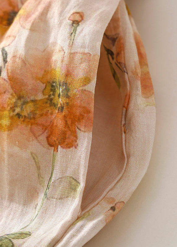 Orange V Neck Lace Up Print Linen Dresses Summer