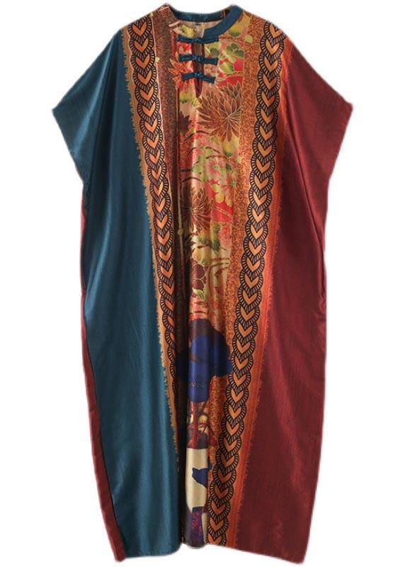 Organic Blue Red Print Oriental Summer Chiffon Dress