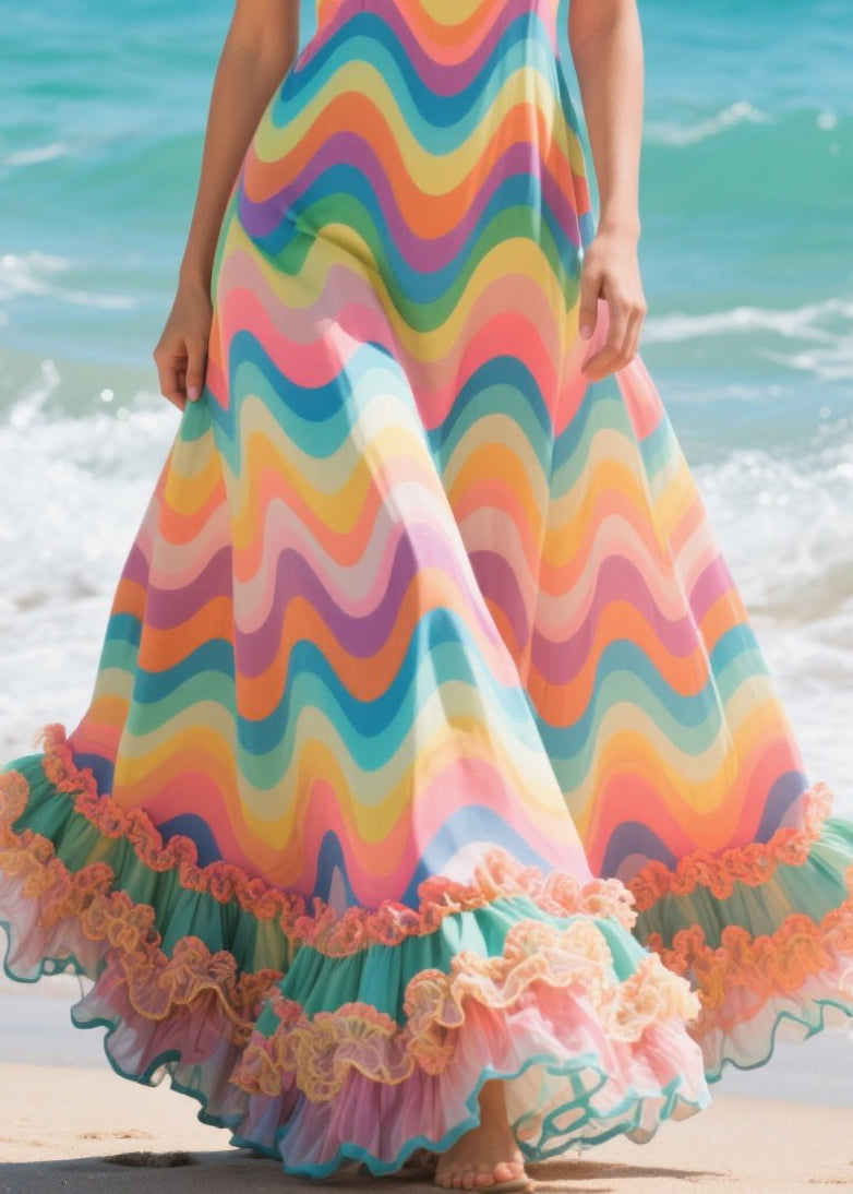 Rainbow Ruffled Striped Chiffon Holiday Dress Summer