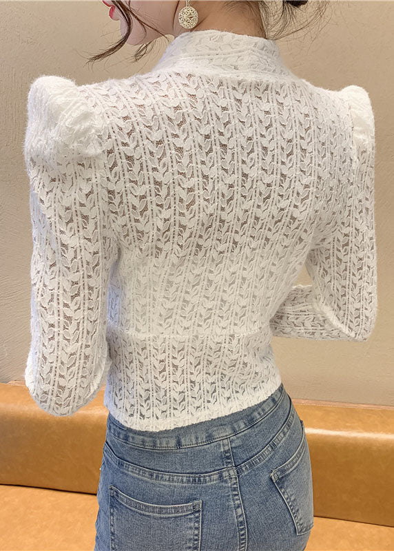 White Sequins V Neck Lace Tops Spring