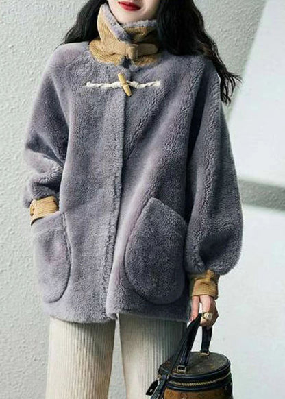 Grey Hign Neck Pockets Patchwork Wool Coats Winter