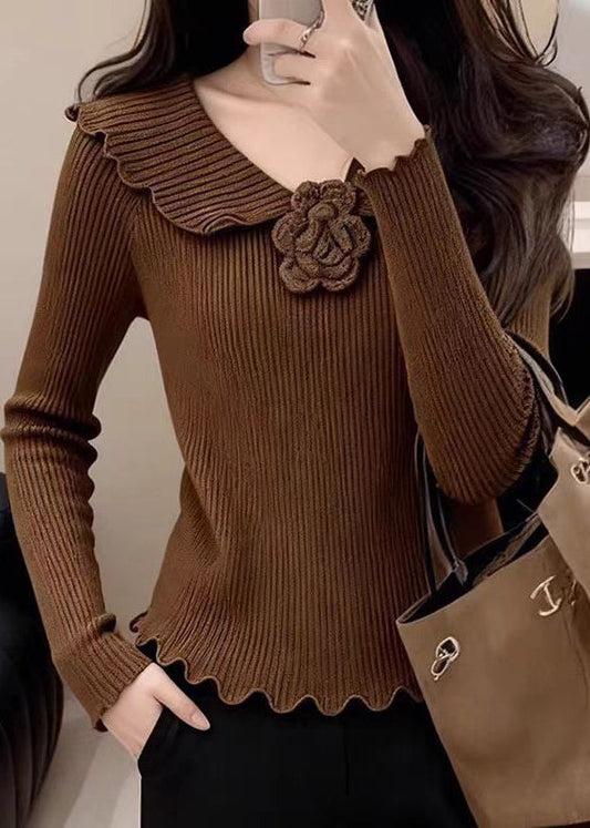 Coffee Peter Pan Collar Cotton Knit Sweater Spring
