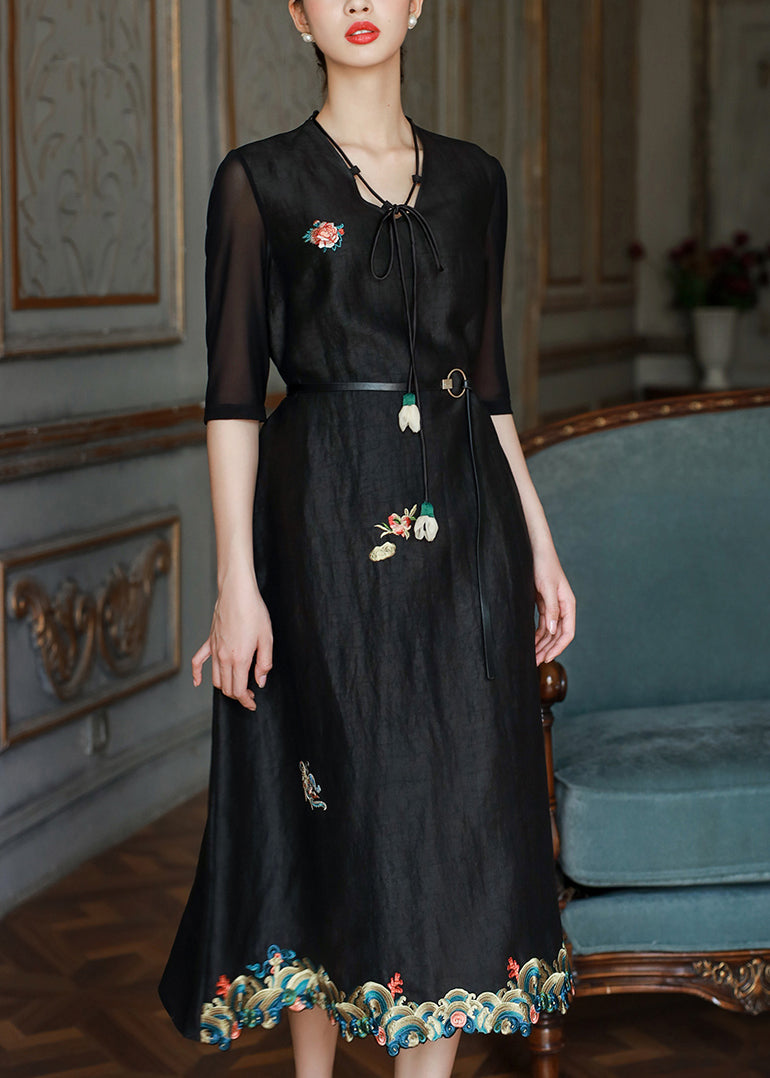 Black V Neck Embroideried Patchwork Silk Dress Summer