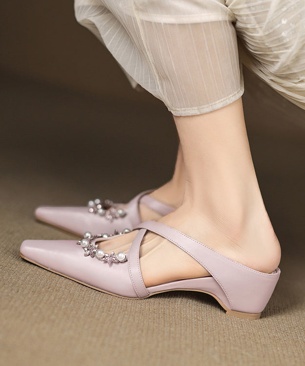 Beige Wedge Sheepskin Splicing Slide Sandals Zircon Nail Bead
