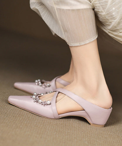 Beige Wedge Sheepskin Splicing Slide Sandals Zircon Nail Bead