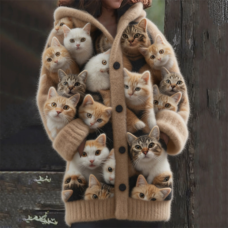 Comstylish Funny Crowded Fuzzy Cats Cozy Hooded Cardigan