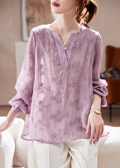 Fitted Purple V Neck Embroidered Chiffon Shirt Spring