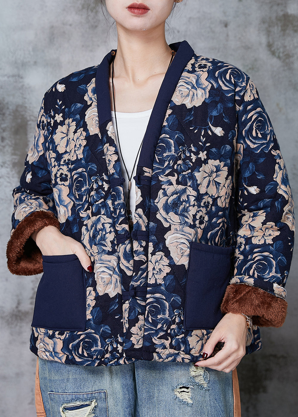 Navy Print Chinese Button Warm Fleece Coat Spring