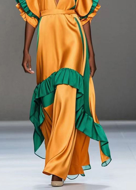 Yellow V Neck Patchwork Ruffles Silk Party Dress Summer