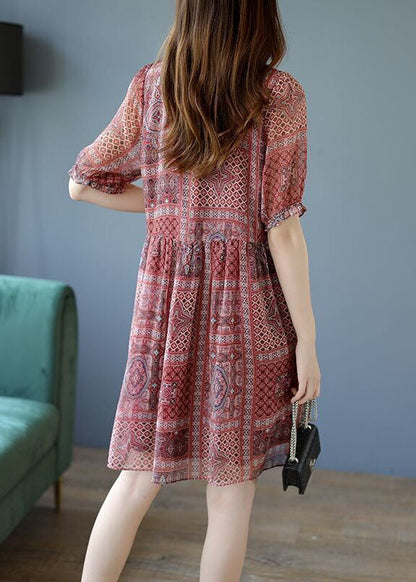 Red Patchwork Lace Chiffon a Line Dresses O-neck Summer