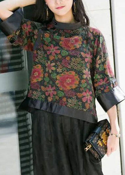 Modern Black Stand Collar Button Print Patchwork Silk Tops Spring