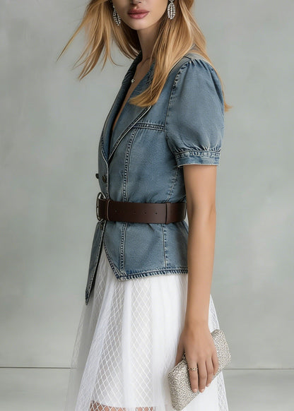 Blue Notched Asymmetrical Design Denim Shirts Summer