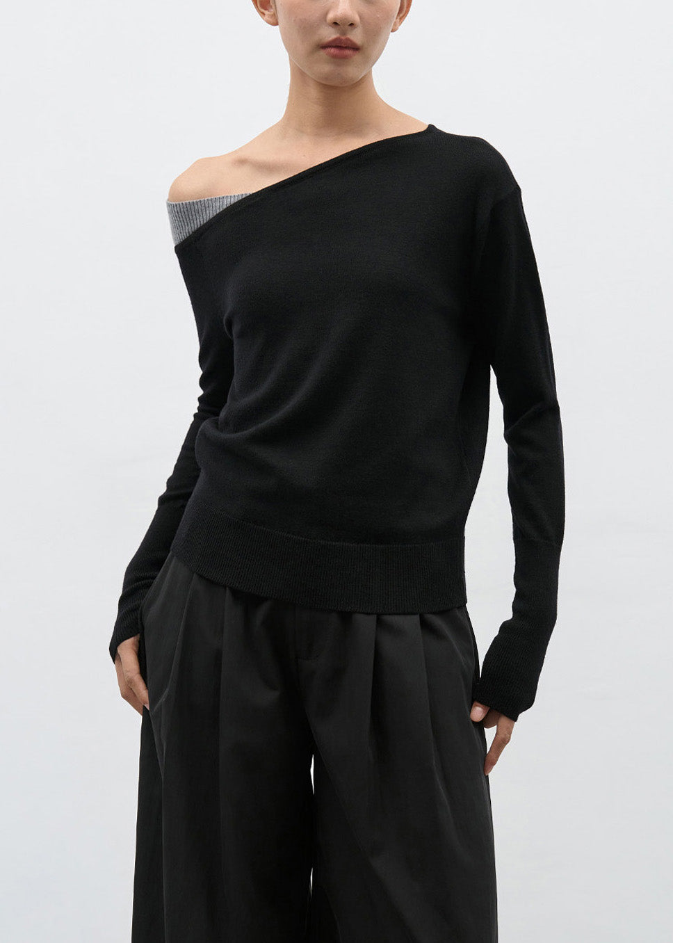 Black Cold Shoulder Patchwork Knit Sweaters Spring