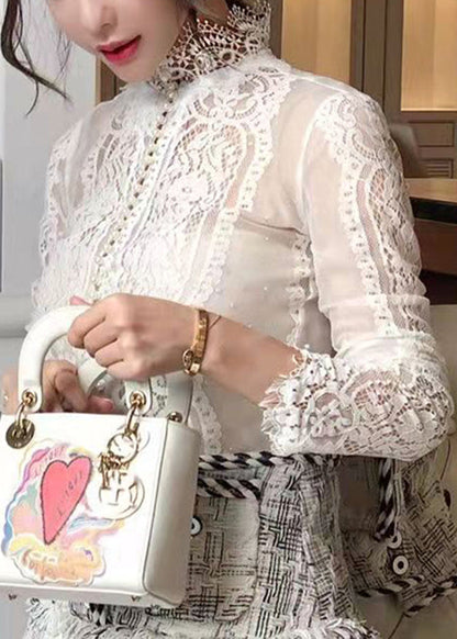 White V Neck Pearl Button Lace Shirt Long Sleeve