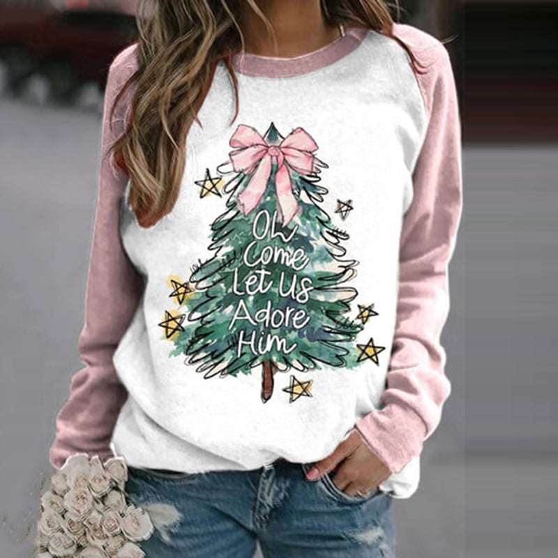 Comstylish Christmas Tree Print Crew Neck Casual Sweatshirt