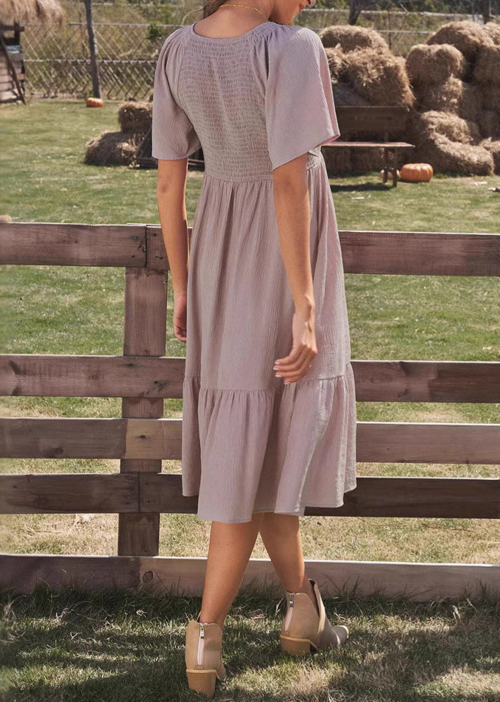 Simple Purple V Neck Wrinkled Cotton Dresses Summer
