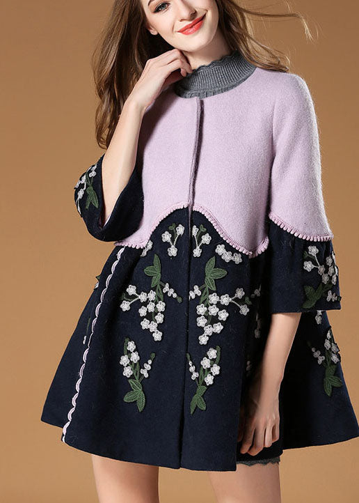 Purple Patchwork Embroideried Fall Woolen Coat