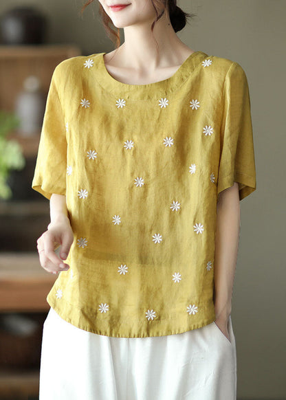 Yellow O-neck Linen Shirt Top Short Sleeve