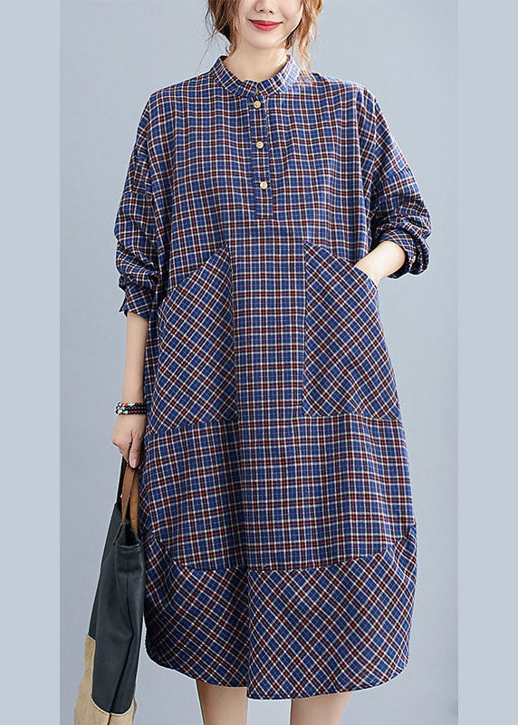 Classy Blue Plaid Button Patchwork Pockets Fall Top Long Sleeve Dresses