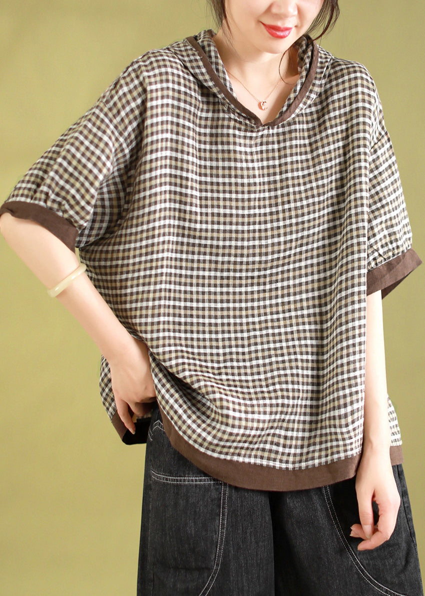Navy Hooded Plaid Linen Shirt Tops Summer
