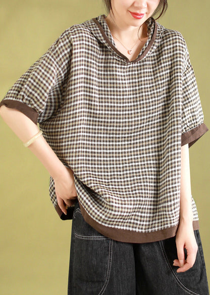 Navy Hooded Plaid Linen Shirt Tops Summer