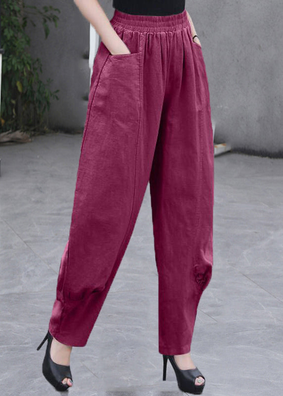 Beige Pockets Elastic Waist Linen Pants Summer