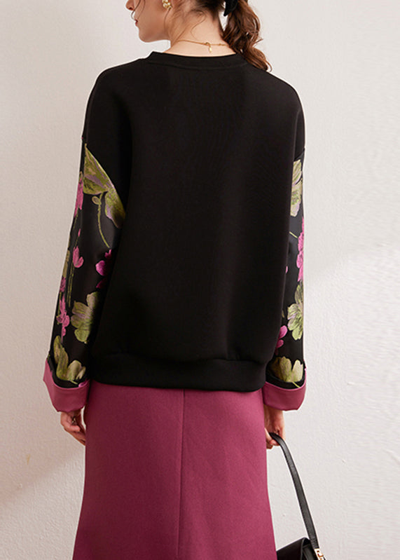 Black O-neck Print Silk Cotton Pullover Fall