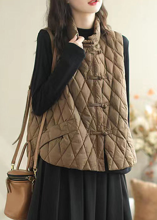Coffee Button Pockets Patchwork Cotton Filled Waistcoat Sleeveless