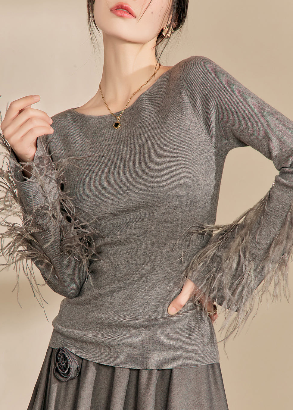 Fitted Grey O-neck Tassel Cotton Knit Sweaters Spring