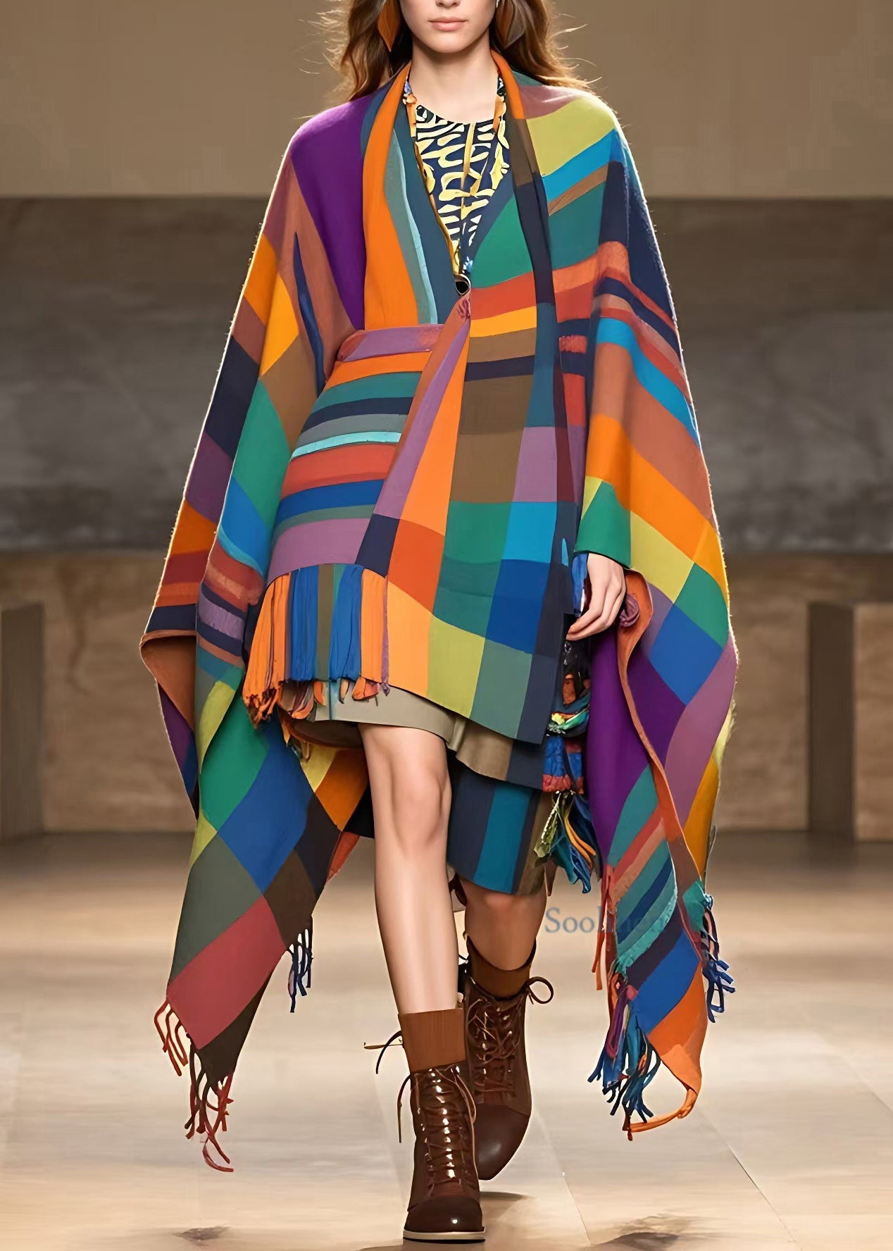 Fitted Rainbow V Neck Tassel Long Coats Fall
