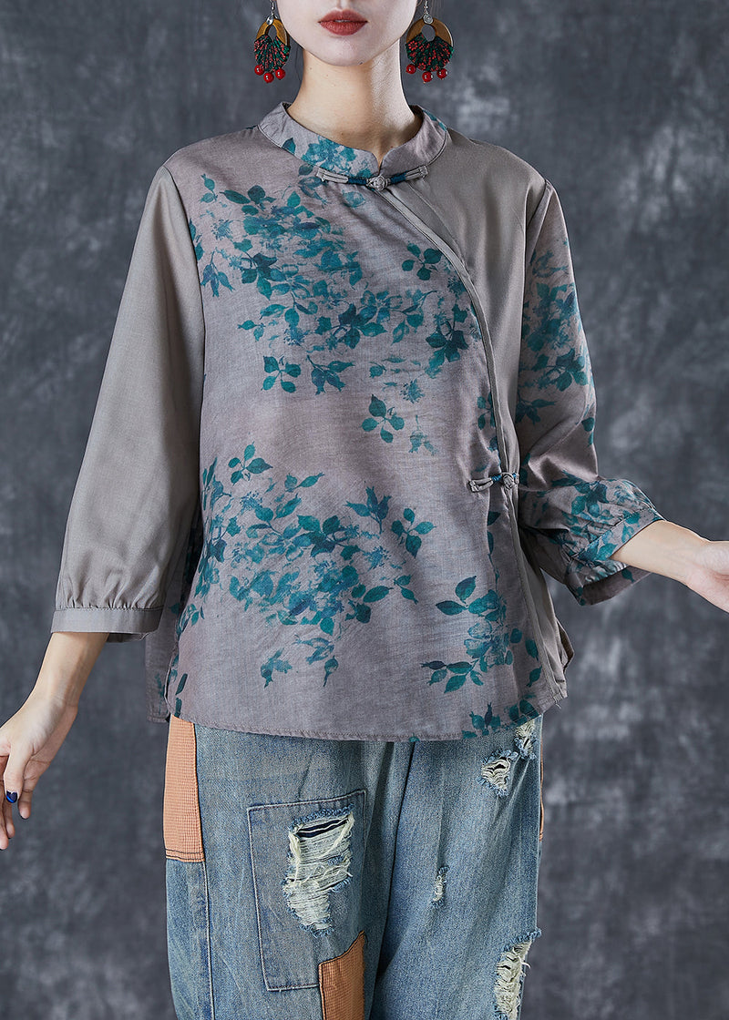 Grey Chinese Style Patchwork Print Linen Blouse Top Fall