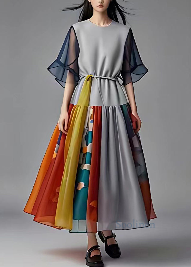 French Grey O-neck Print Wrinkled Chiffon Long Dress Summer