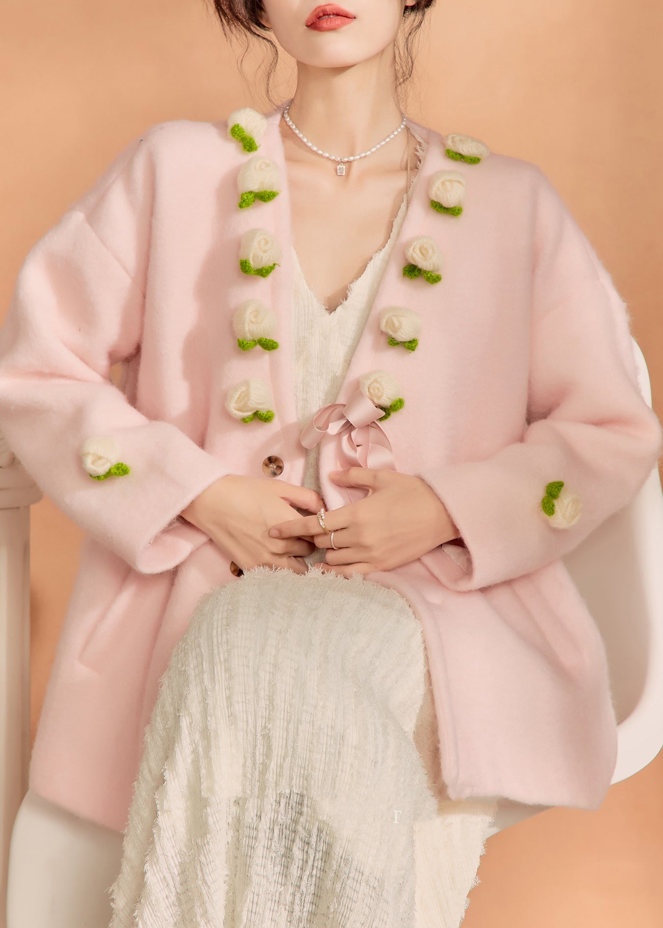 French Pink V Neck Button Woolen Coat Winter