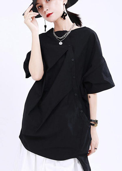 Black O-neck Button Cotton Top Summer